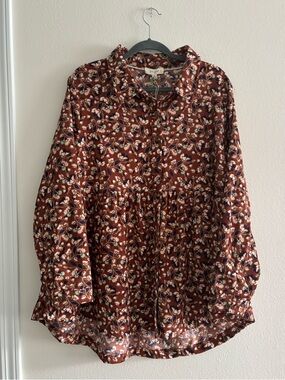 NWT Umgee Brown Corduroy Floral Print Tunic Babydoll Blouse 1XL